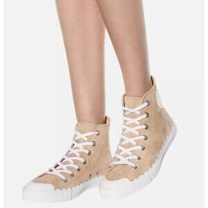 $650 CHLOE Kyle Women’s Beige High-Top Scalloped Lace-Up Leather Sneakers Sz 39